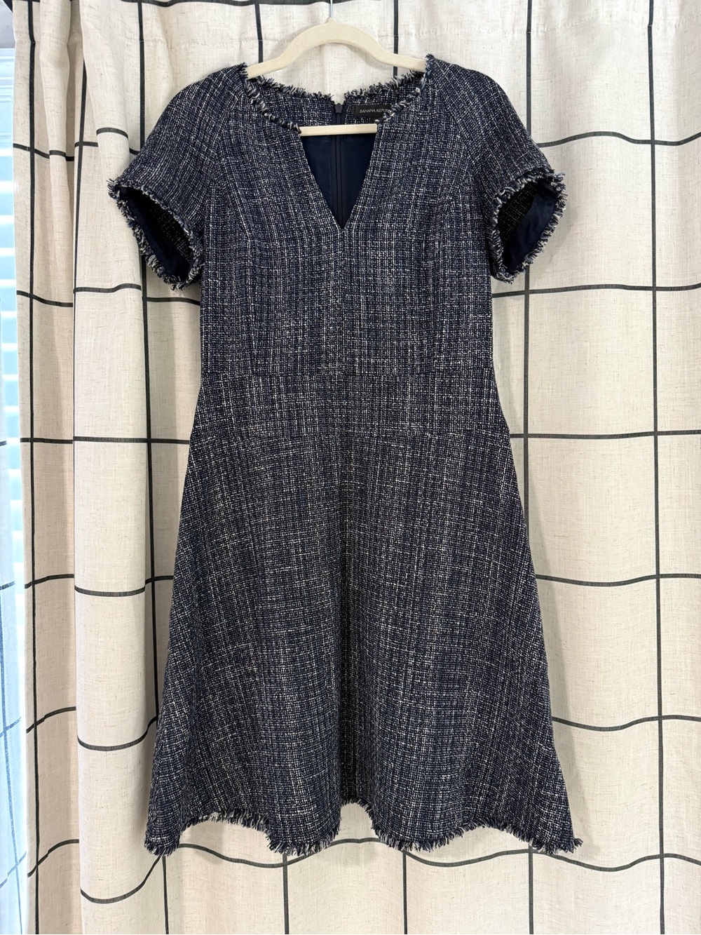Banana Republic Navy Tweed A-Line Dress with Frayed Trim
